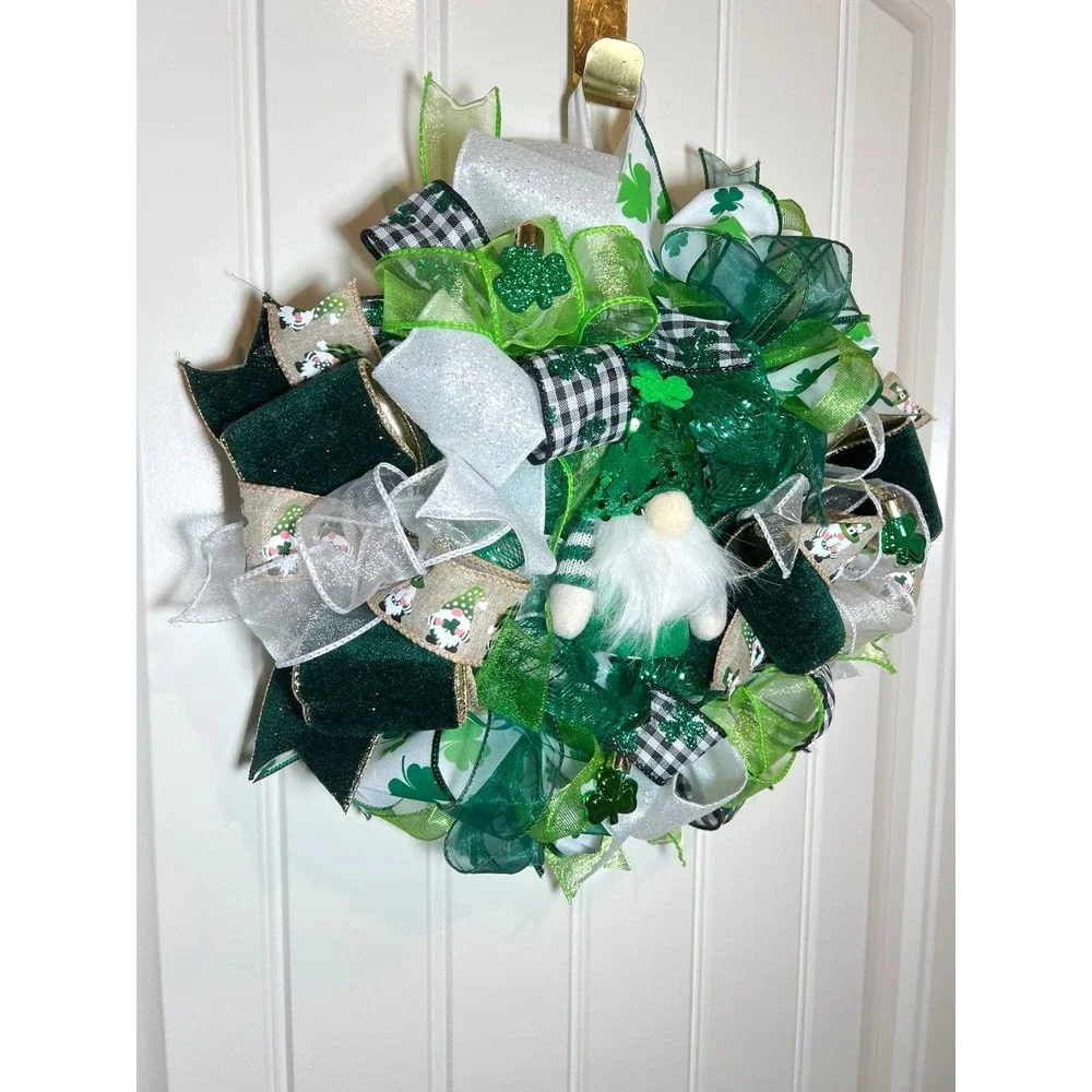 13” St. Patrick’s Day Ribbon Wreath Gnomes : Green & White Handmade MW10